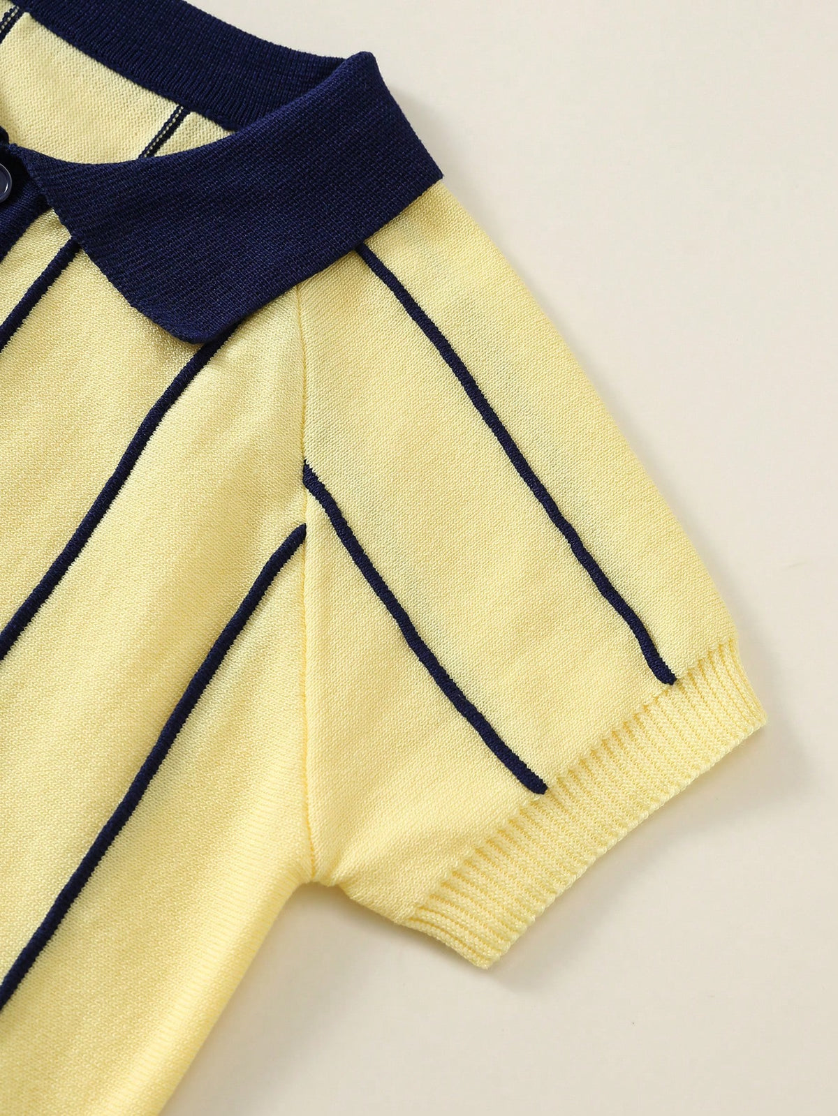 2pcs Kids Young Boy Summer Autumn Casual Yellow Striped Polo Knit Top And Striped Knit Shorts Sweater Set Polo Set Boys Outfit Summer Set Striped Set