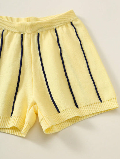 2pcs Kids Young Boy Summer Autumn Casual Yellow Striped Polo Knit Top And Striped Knit Shorts Sweater Set Polo Set Boys Outfit Summer Set Striped Set