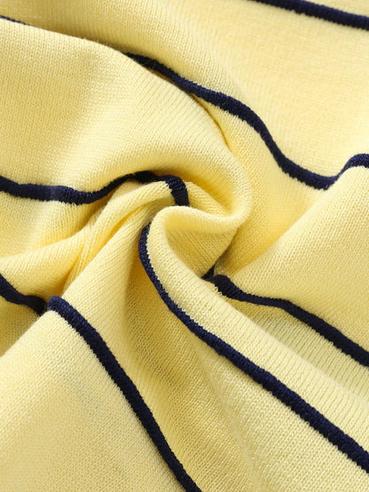 2pcs Kids Young Boy Summer Autumn Casual Yellow Striped Polo Knit Top And Striped Knit Shorts Sweater Set Polo Set Boys Outfit Summer Set Striped Set