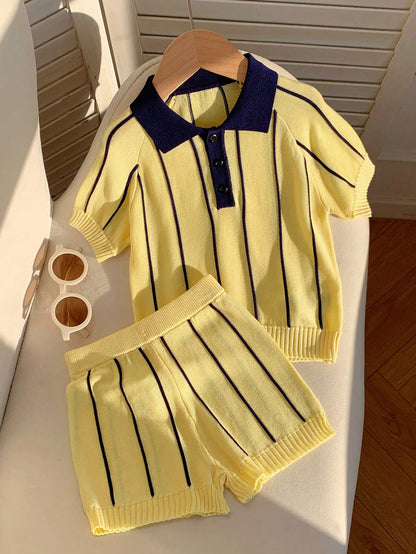 2pcs Kids Young Boy Summer Autumn Casual Yellow Striped Polo Knit Top And Striped Knit Shorts Sweater Set Polo Set Boys Outfit Summer Set Striped Set