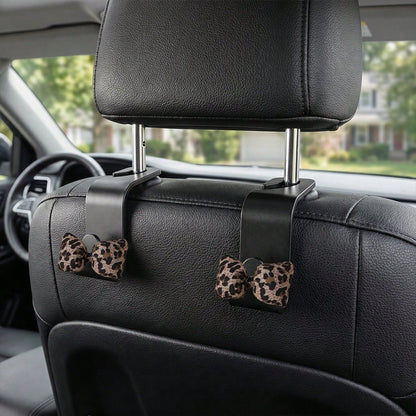 2pcs Leopard Print 3D Bow Car Seat Back Hooks, Hidden Multi-Function Creative Small Hooks