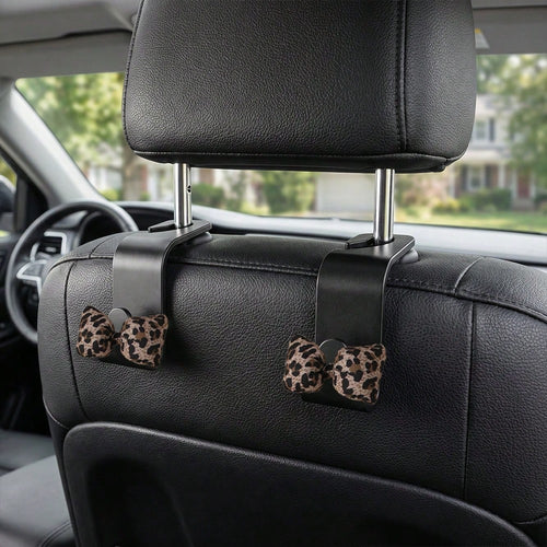 2pcs Leopard Print 3D Bow Car Seat Back Hooks, Hidden Multi-Function Creative Small Hooks