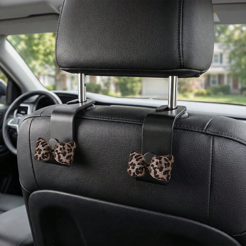 2pcs Leopard Print 3D Bow Car Seat Back Hooks, Hidden Multi-Function Creative Small Hooks