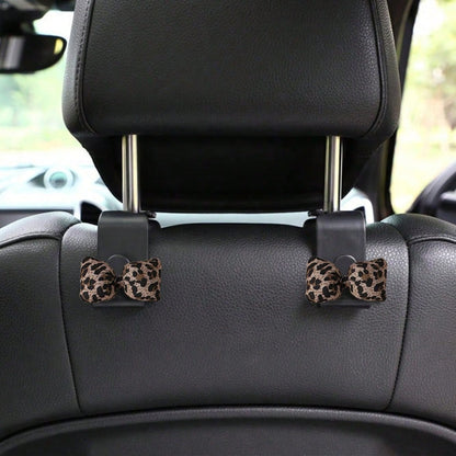 2pcs Leopard Print 3D Bow Car Seat Back Hooks, Hidden Multi-Function Creative Small Hooks
