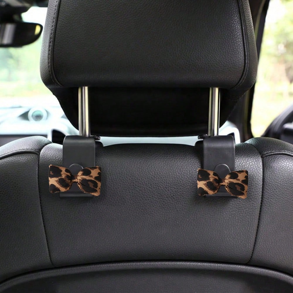 2pcs Leopard Print 3D Bow Car Seat Back Hooks, Hidden Multi-Function Creative Small Hooks