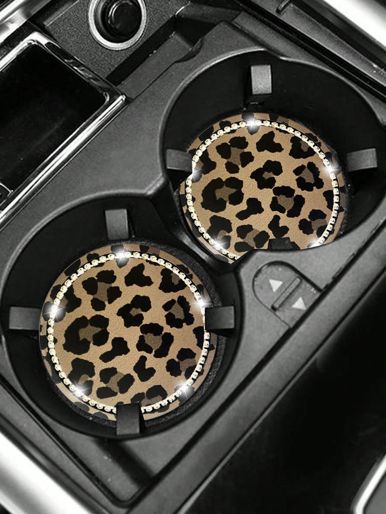 2pcs Leopard Print Diamond Inlaid Fashionable Car Coasters, Car Interior Decoration