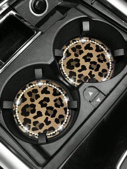 2pcs Leopard Print Diamond Inlaid Fashionable Car Coasters, Car Interior Decoration