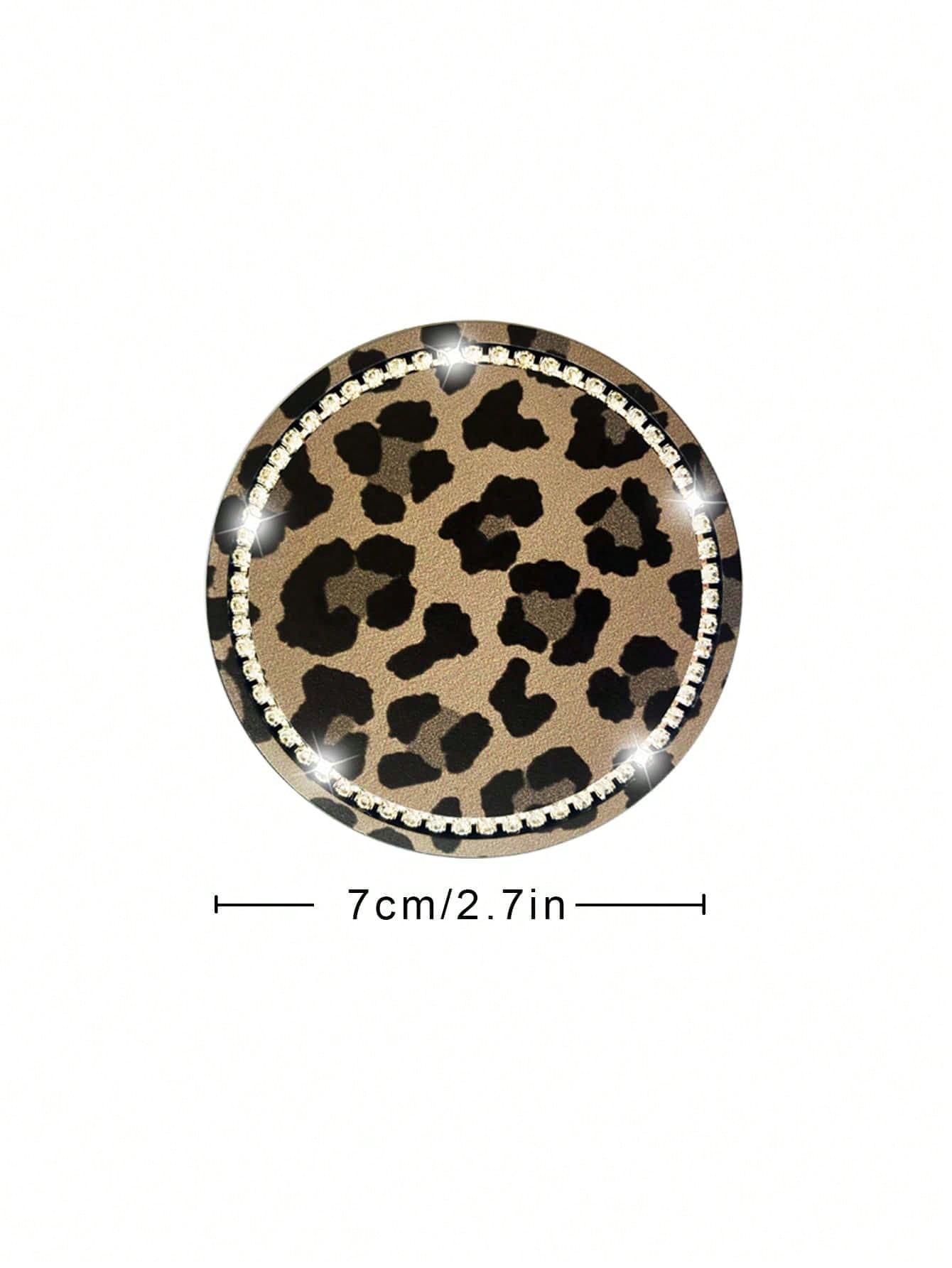 2pcs Leopard Print Diamond Inlaid Fashionable Car Coasters, Car Interior Decoration