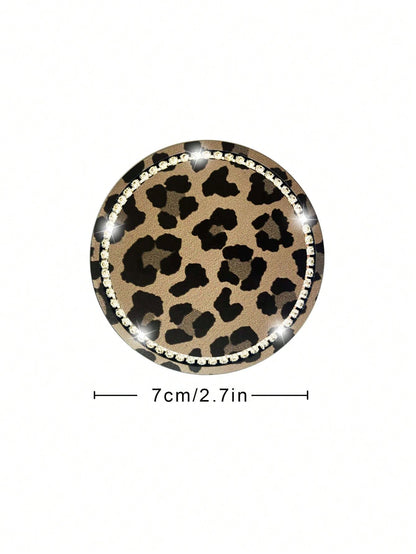 2pcs Leopard Print Diamond Inlaid Fashionable Car Coasters, Car Interior Decoration
