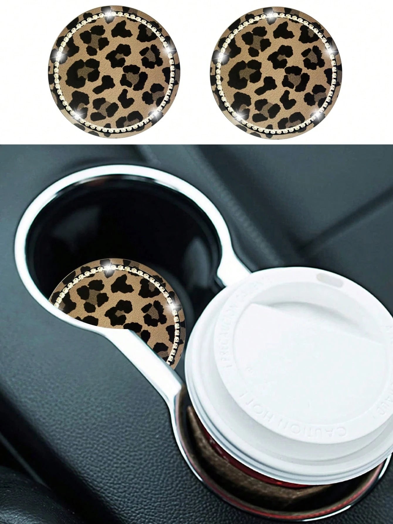 2pcs Leopard Print Diamond Inlaid Fashionable Car Coasters, Car Interior Decoration