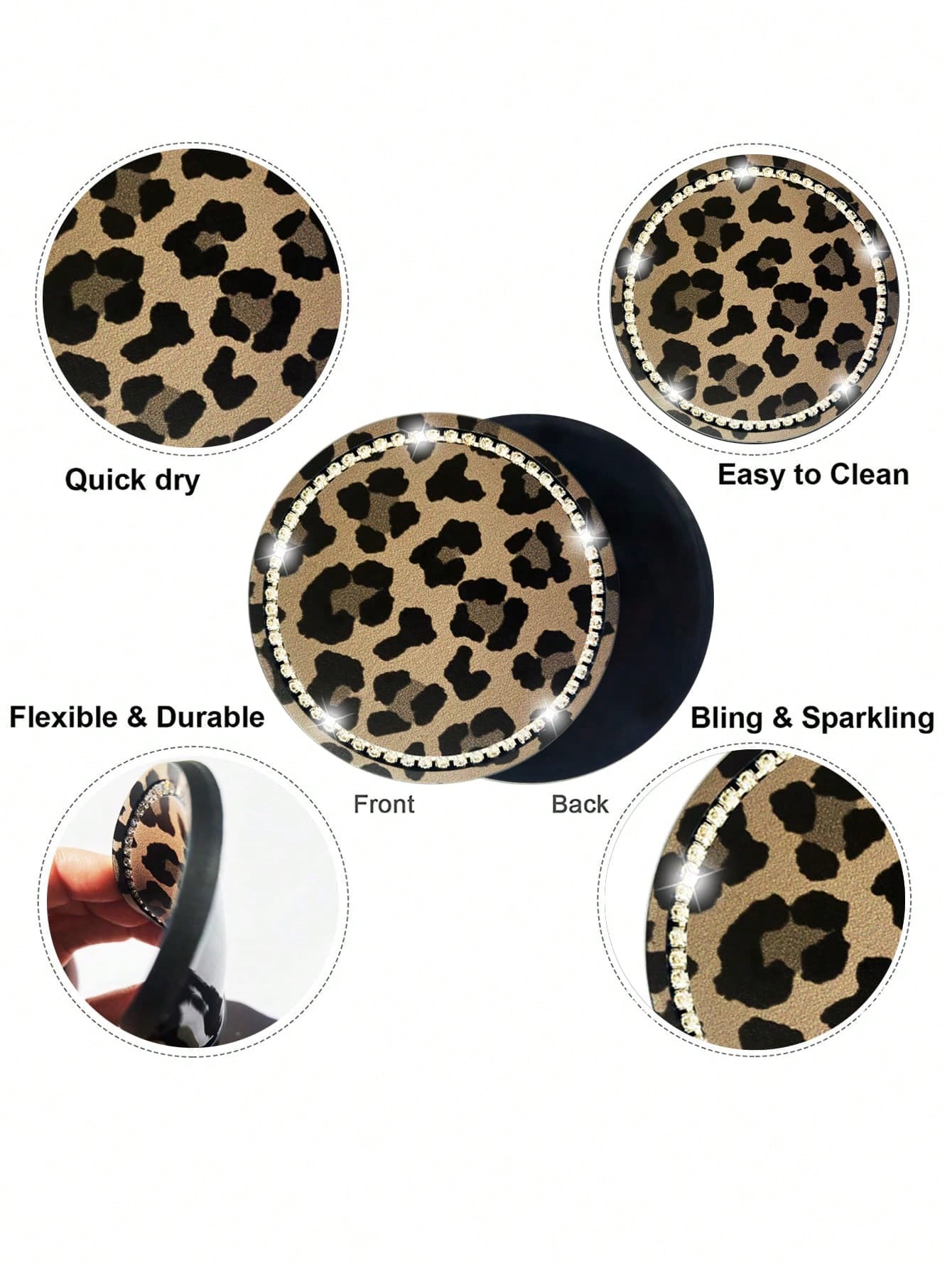 2pcs Leopard Print Diamond Inlaid Fashionable Car Coasters, Car Interior Decoration