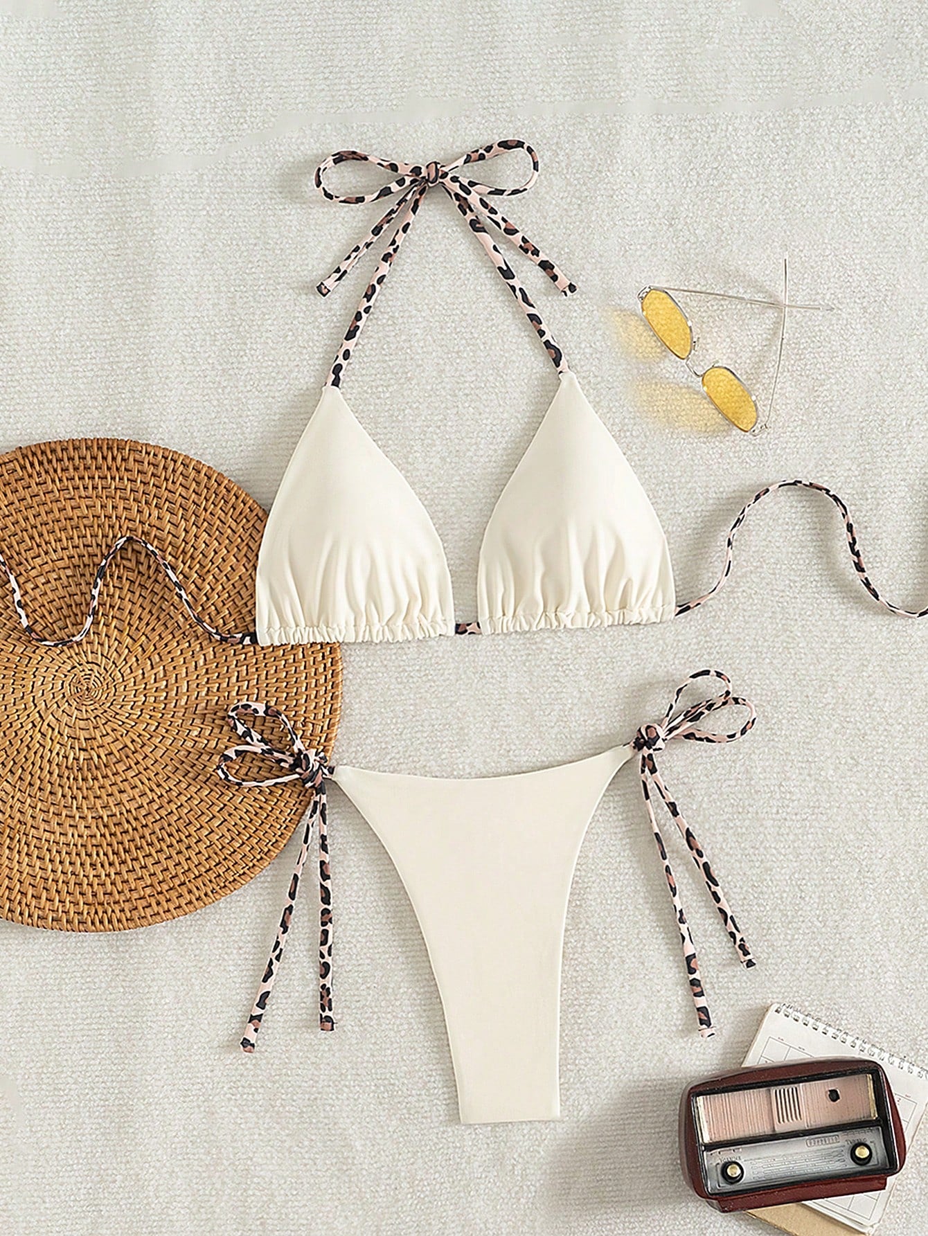 2pcs Leopard Print Halter Tie Sexy Bikini Swimwear Women's Beach Outfit Vacation Summer