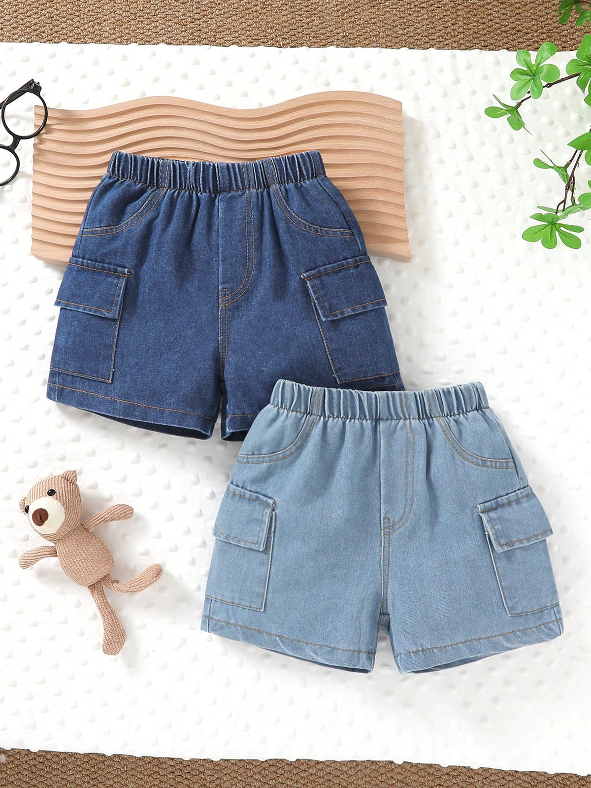2pcs, Little Boy, Soft And Comfortable, Casual Fashion Cute, Side Pocket Cargo Denim Sports Shorts, Boys Shorts, Boys Clothing, Denim Shorts, Suitable For Daily Wear, Vacation, Party, Outdoor Activiti