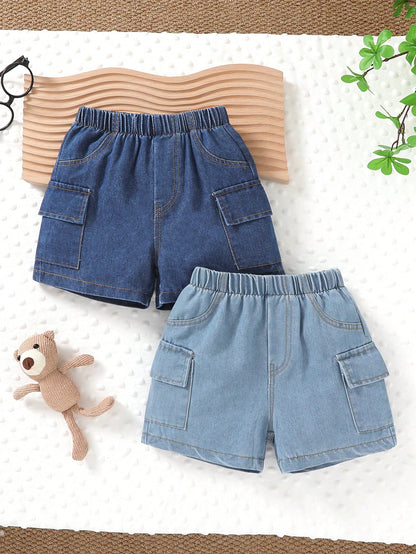 2pcs, Little Boy, Soft And Comfortable, Casual Fashion Cute, Side Pocket Cargo Denim Sports Shorts, Boys Shorts, Boys Clothing, Denim Shorts, Suitable For Daily Wear, Vacation, Party, Outdoor Activiti