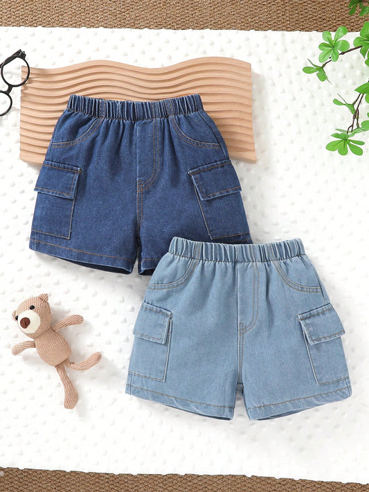 2pcs, Little Boy, Soft And Comfortable, Casual Fashion Cute, Side Pocket Cargo Denim Sports Shorts, Boys Shorts, Boys Clothing, Denim Shorts, Suitable For Daily Wear, Vacation, Party, Outdoor Activiti