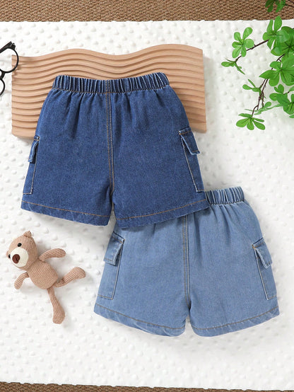 2pcs, Little Boy, Soft And Comfortable, Casual Fashion Cute, Side Pocket Cargo Denim Sports Shorts, Boys Shorts, Boys Clothing, Denim Shorts, Suitable For Daily Wear, Vacation, Party, Outdoor Activiti
