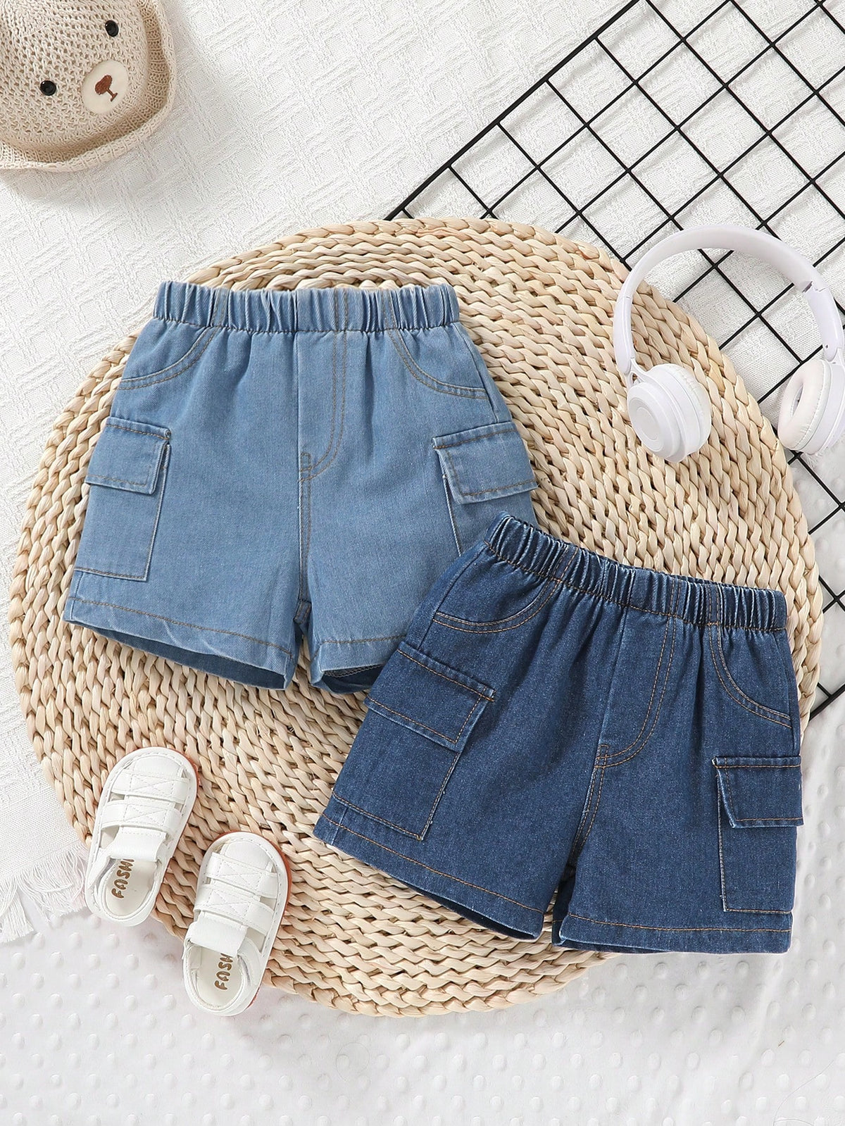 2pcs, Little Boy, Soft And Comfortable, Casual Fashion Cute, Side Pocket Cargo Denim Sports Shorts, Boys Shorts, Boys Clothing, Denim Shorts, Suitable For Daily Wear, Vacation, Party, Outdoor Activiti