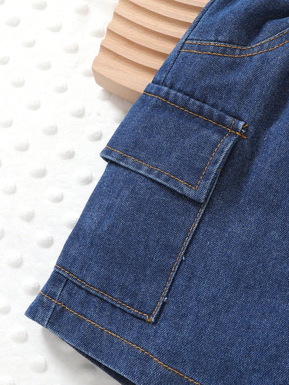 2pcs, Little Boy, Soft And Comfortable, Casual Fashion Cute, Side Pocket Cargo Denim Sports Shorts, Boys Shorts, Boys Clothing, Denim Shorts, Suitable For Daily Wear, Vacation, Party, Outdoor Activiti