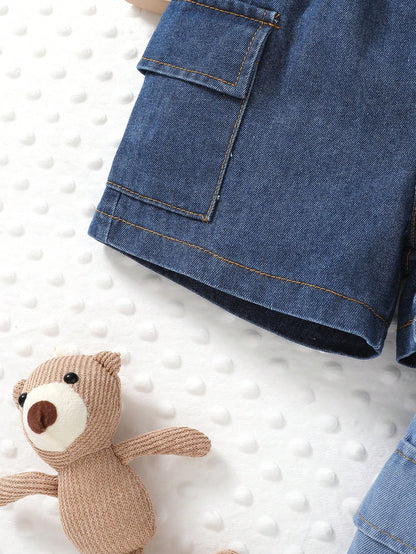 2pcs, Little Boy, Soft And Comfortable, Casual Fashion Cute, Side Pocket Cargo Denim Sports Shorts, Boys Shorts, Boys Clothing, Denim Shorts, Suitable For Daily Wear, Vacation, Party, Outdoor Activiti