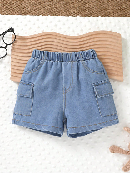 2pcs, Little Boy, Soft And Comfortable, Casual Fashion Cute, Side Pocket Cargo Denim Sports Shorts, Boys Shorts, Boys Clothing, Denim Shorts, Suitable For Daily Wear, Vacation, Party, Outdoor Activiti