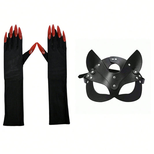 2PCS Masquerade Full Costume Accessories, Fox Mask With Claw Long Gloves, 3D Cut Tailored To Fit Face Contours, Elastic Straps Fit Various Head And Arm Sizes, Halloween Party, New Year's Eve Party, Va