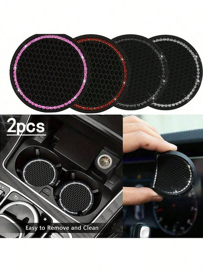 2pcs Multicolor Sparkling Car Cup Holders, Universal Vehicle Cup Holder Inserts, 2.75 Inch Rhinestone Anti-Slip Silicone Car Accessories, Fit Most Car Models