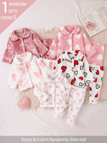 2pcs Newborn Baby Girls' Cute Bow Pattern Long Sleeve Top And Pants Casual Comfortable Pajama Set Newborn Cute Pj Set Fall Winter