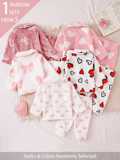 2pcs Newborn Baby Girls' Cute Bow Pattern Long Sleeve Top And Pants Casual Comfortable Pajama Set Newborn Cute Pj Set Fall Winter