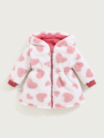2pcs/Pack Reversible Baby GirlAll-Match Casual Thick Fleece Heart Decor Waisted Long Coat, Warm Outerwear For Autumn/Winter
