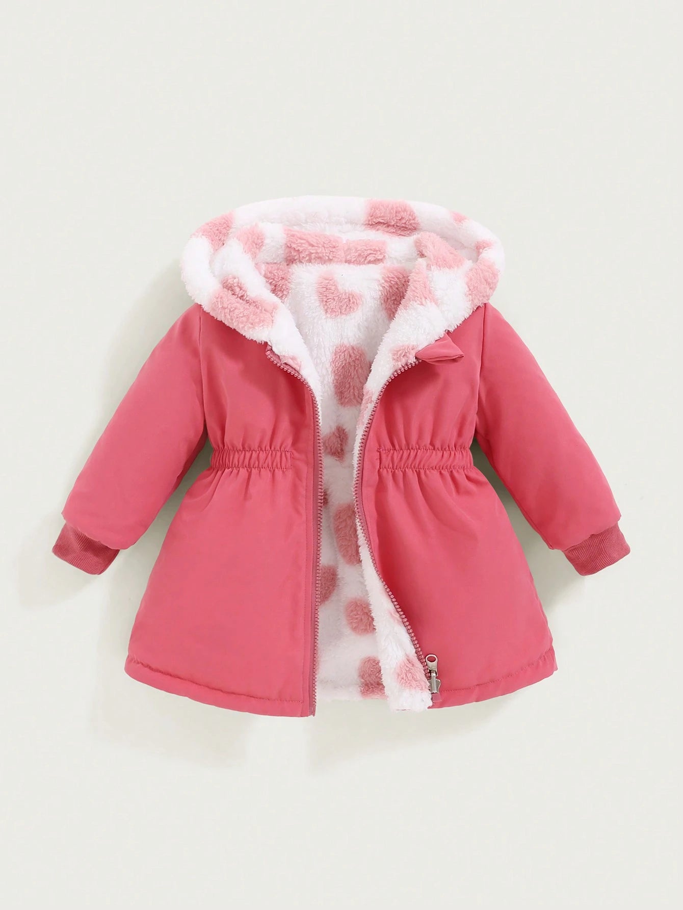 2pcs/Pack Reversible Baby GirlAll-Match Casual Thick Fleece Heart Decor Waisted Long Coat, Warm Outerwear For Autumn/Winter