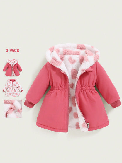 2pcs/Pack Reversible Baby GirlAll-Match Casual Thick Fleece Heart Decor Waisted Long Coat, Warm Outerwear For Autumn/Winter