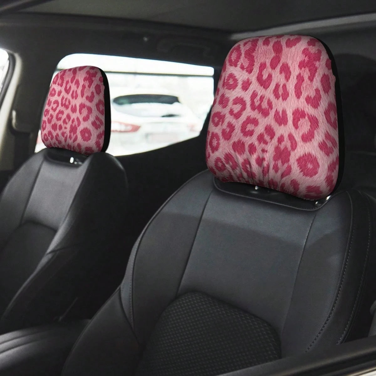 2pcs Pink Leopard Print Elastic Fabric Car Headrest Covers, Sweet & Cool Girl Style Car Accessories, Anti-Scratch Anti-Dust, Easy Installation, Fits Most Sedans And SUVs