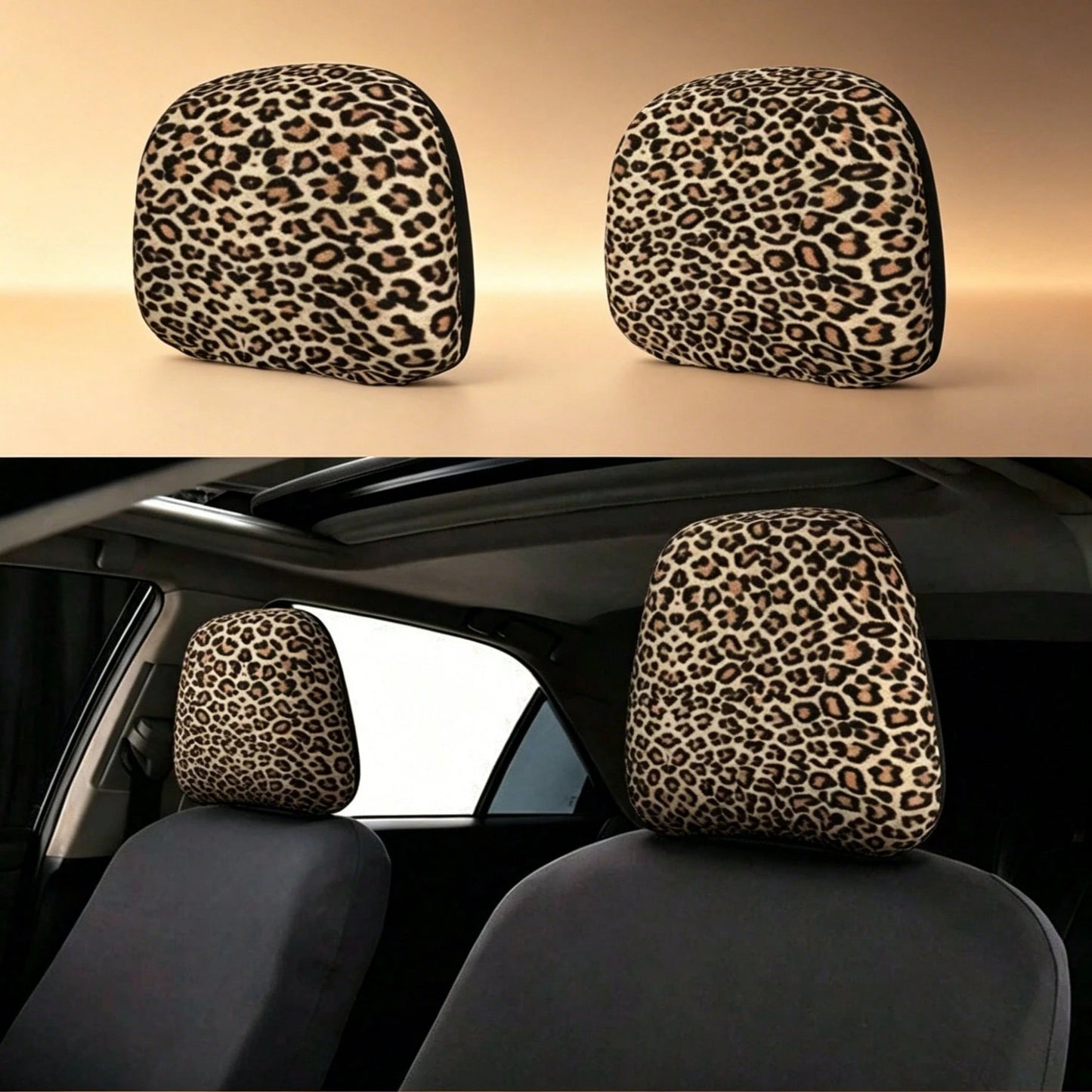 2pcs Pink Leopard Print Elastic Fabric Car Headrest Covers, Sweet & Cool Girl Style Car Accessories, Anti-Scratch Anti-Dust, Easy Installation, Fits Most Sedans And SUVs