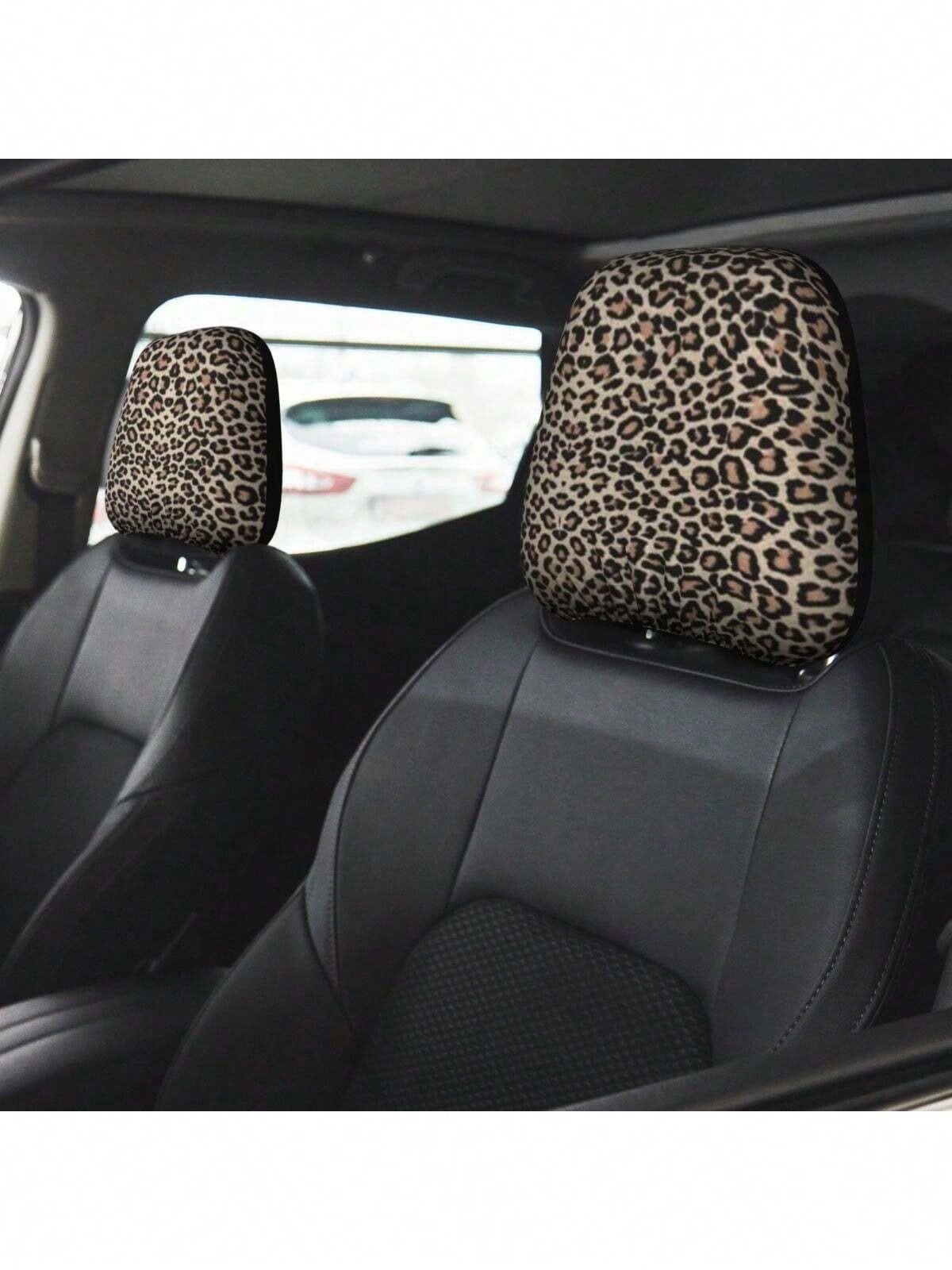 2pcs Pink Leopard Print Elastic Fabric Car Headrest Covers, Sweet & Cool Girl Style Car Accessories, Anti-Scratch Anti-Dust, Easy Installation, Fits Most Sedans And SUVs