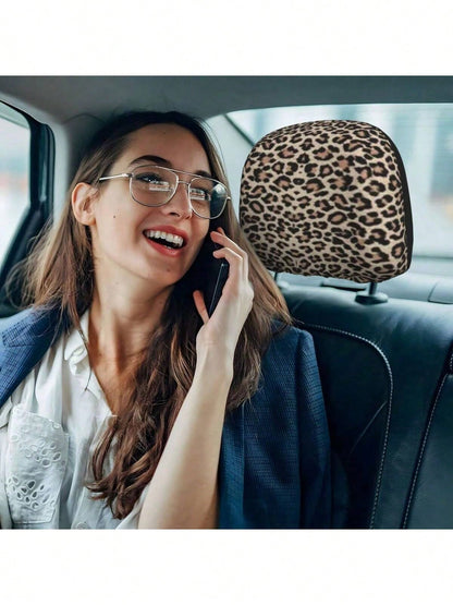 2pcs Pink Leopard Print Elastic Fabric Car Headrest Covers, Sweet & Cool Girl Style Car Accessories, Anti-Scratch Anti-Dust, Easy Installation, Fits Most Sedans And SUVs