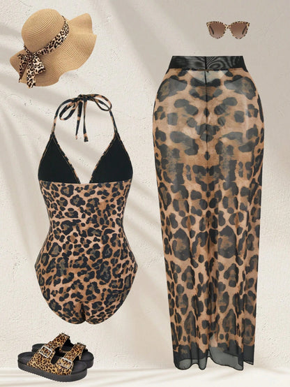2pcs Plus Size Women Leopard Print V-Neck One Piece Swimsuit With Skirt Cover Up,Tie Dye,Summer,Beach,Vacation,Holiday Casual Resort Beachwear Fashion
