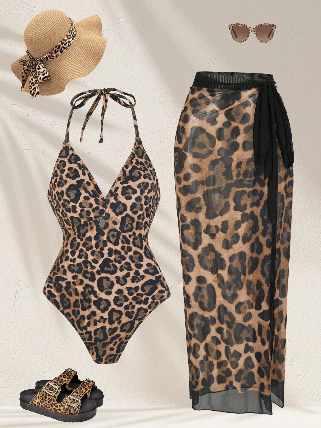 2pcs Plus Size Women Leopard Print V-Neck One Piece Swimsuit With Skirt Cover Up,Tie Dye,Summer,Beach,Vacation,Holiday Casual Resort Beachwear Fashion
