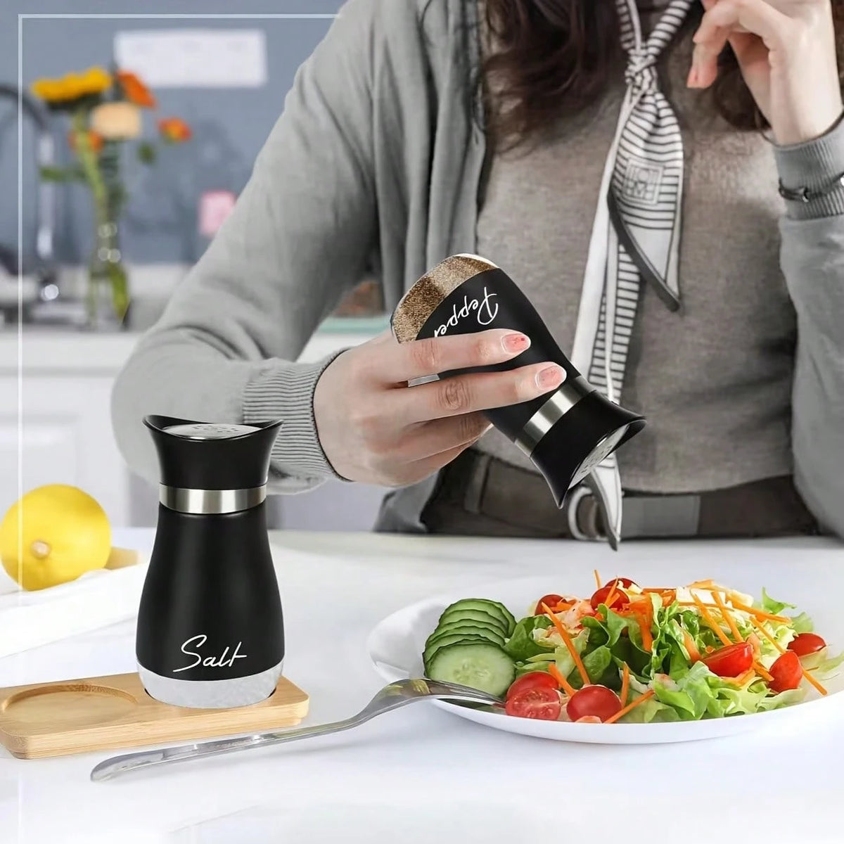 2Pcs Refillable Salt & Pepper Shakers Set- Stainless Steel & Glass Seasoning Dispensers With Labeled "Salt/Pepper"- Moisture-Proof, Elegant Kitchen Storage For Home, BBQ & Dining