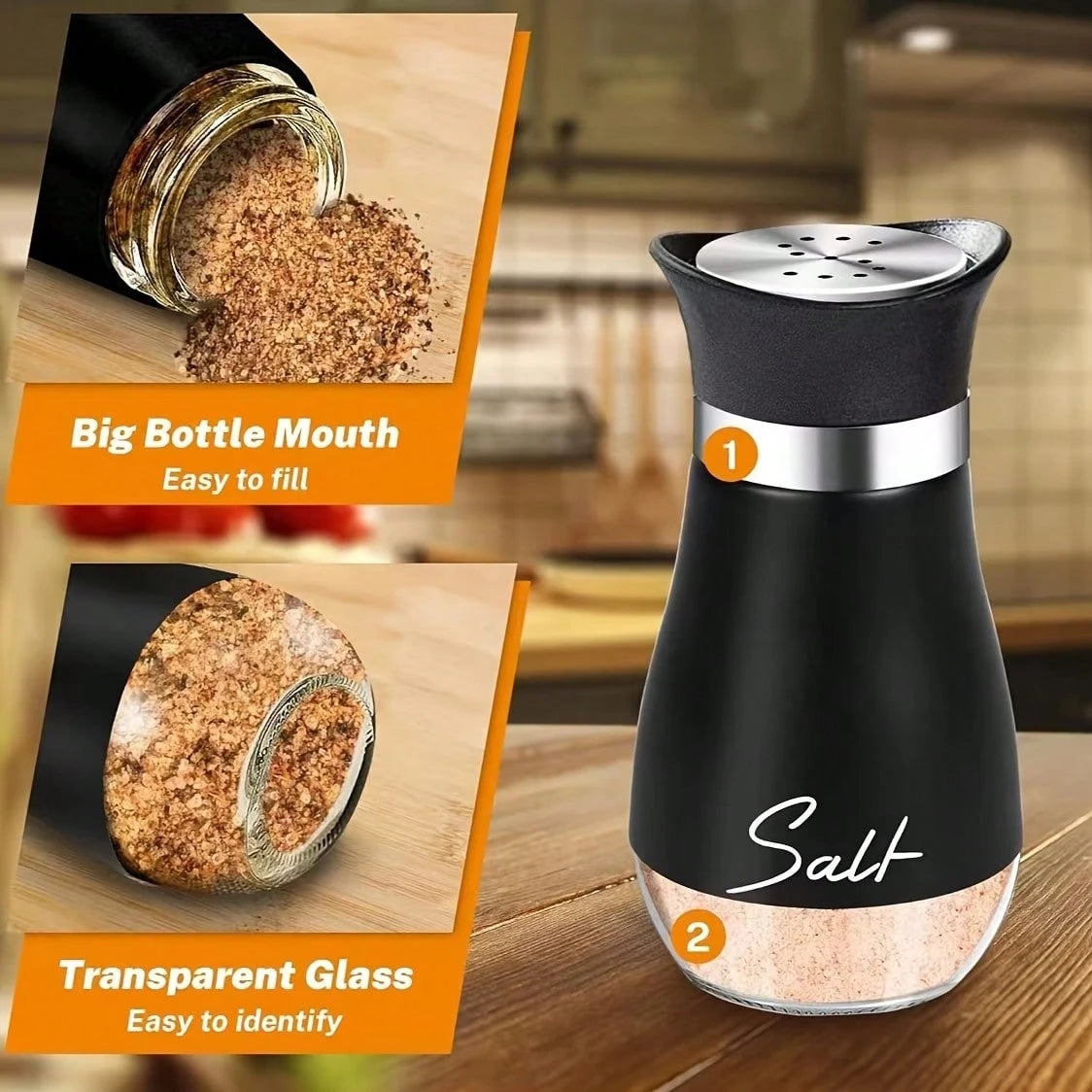 2Pcs Refillable Salt & Pepper Shakers Set- Stainless Steel & Glass Seasoning Dispensers With Labeled "Salt/Pepper"- Moisture-Proof, Elegant Kitchen Storage For Home, BBQ & Dining