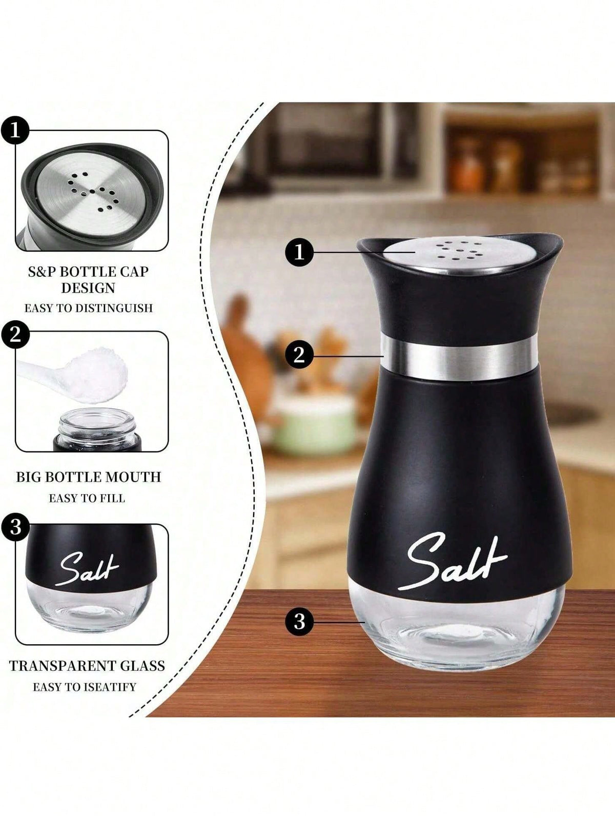 2Pcs Refillable Salt & Pepper Shakers Set- Stainless Steel & Glass Seasoning Dispensers With Labeled "Salt/Pepper"- Moisture-Proof, Elegant Kitchen Storage For Home, BBQ & Dining