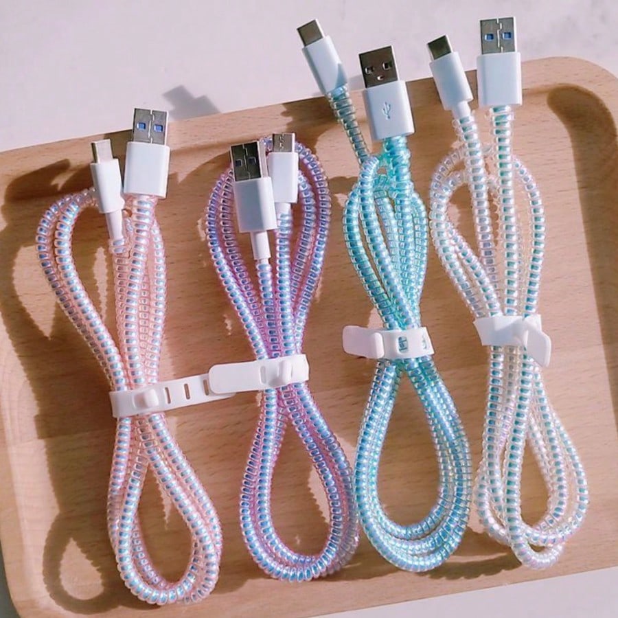 2pcs/Set Anti-Winding Data Cable Protector & Ties, Universal Silicone Spiral Cable Saver And USB Wire Protection, Charger Cord Organizer, Durable Cable Winder For Multiple Charging Cables, Desktop Wir