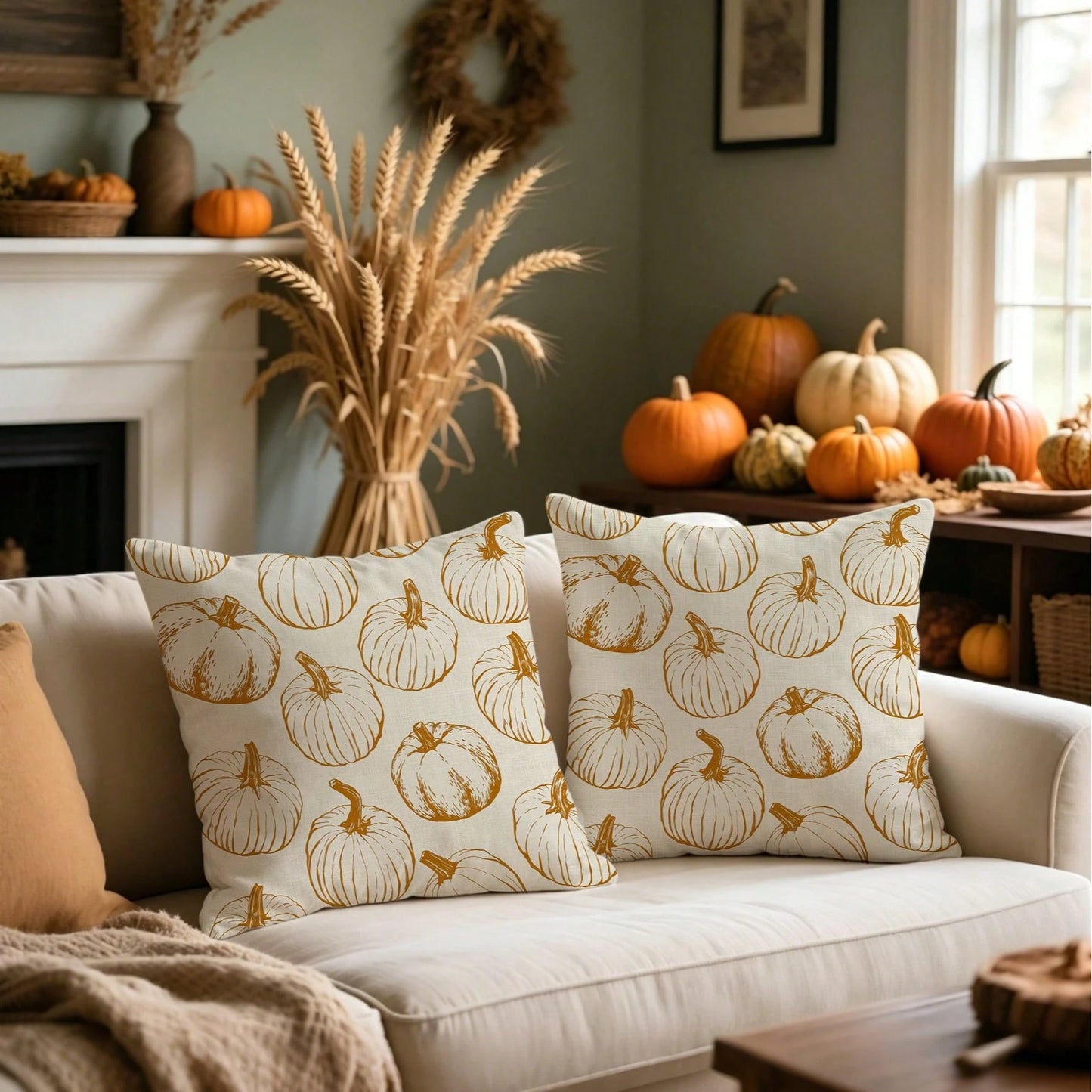 2pcs/Set Autumn Line Pumpkin Throw Pillow Covers, Harvest Farmhouse Style Living Room Outdoor Patio Versatile Cushion Covers, Suitable For Sofa, Bedroom, Garden And Home Decor, Thanksgiving Gift (Pill