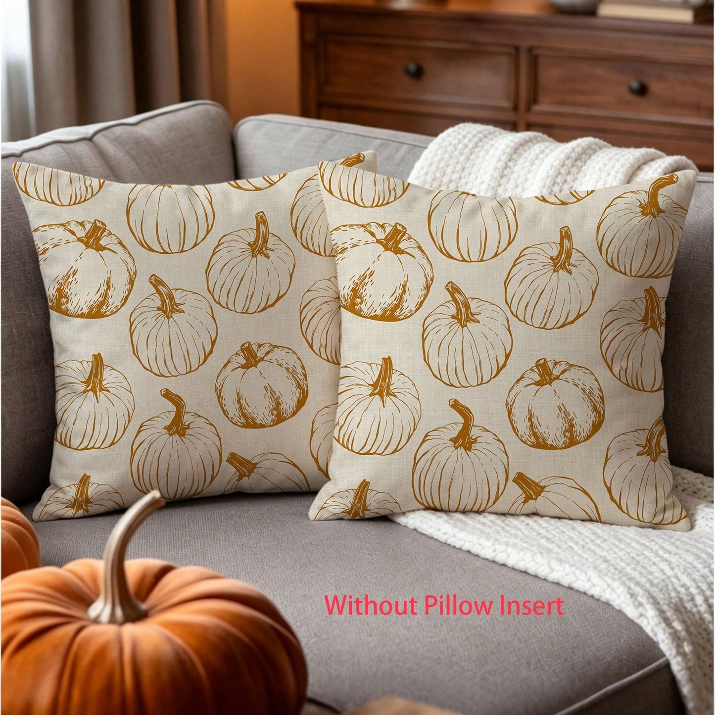 2pcs/Set Autumn Line Pumpkin Throw Pillow Covers, Harvest Farmhouse Style Living Room Outdoor Patio Versatile Cushion Covers, Suitable For Sofa, Bedroom, Garden And Home Decor, Thanksgiving Gift (Pill