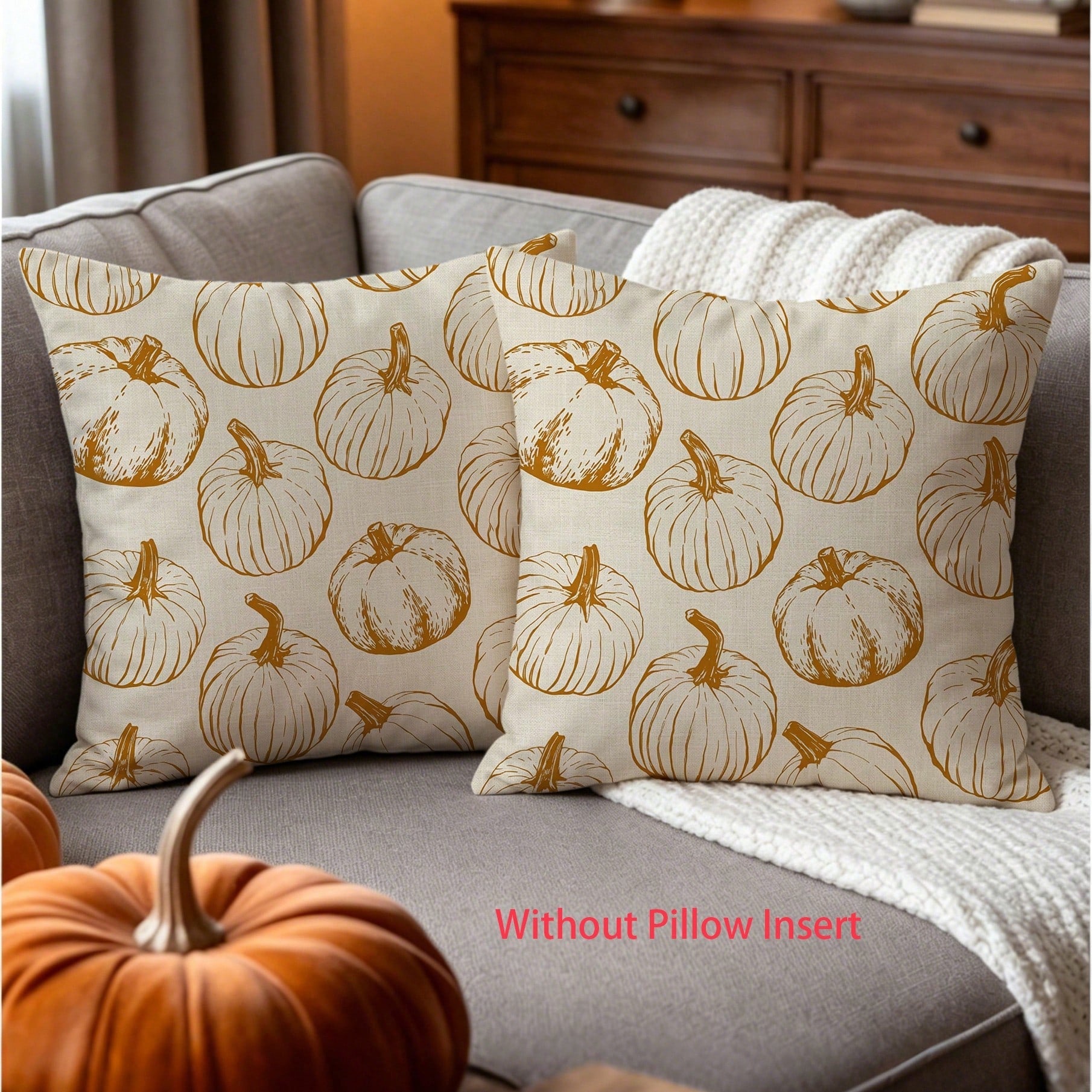 2pcs/Set Autumn Line Pumpkin Throw Pillow Covers, Harvest Farmhouse Style Living Room Outdoor Patio Versatile Cushion Covers, Suitable For Sofa, Bedroom, Garden And Home Decor, Thanksgiving Gift (Pill