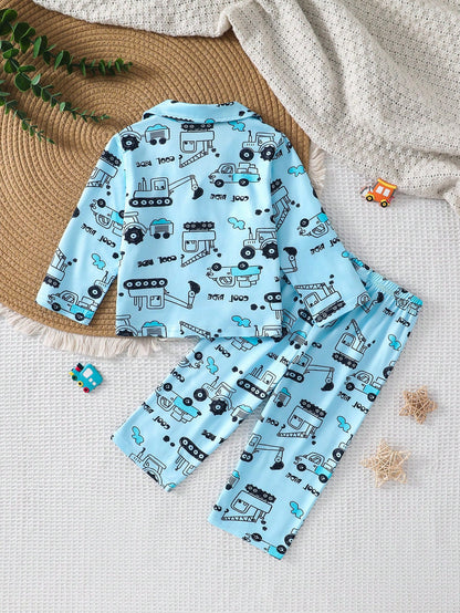 2pcs/Set Baby Boy Knit Fabric Comfortable Soft Car Print All-Season Wear