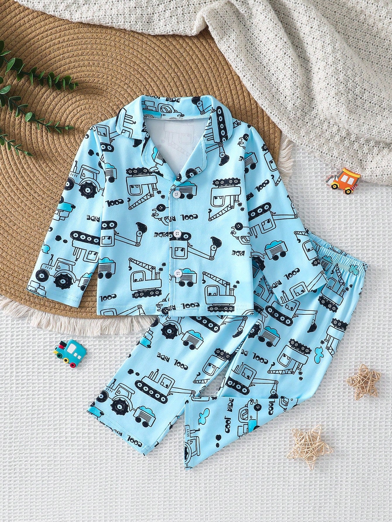 2pcs/Set Baby Boy Knit Fabric Comfortable Soft Car Print All-Season Wear