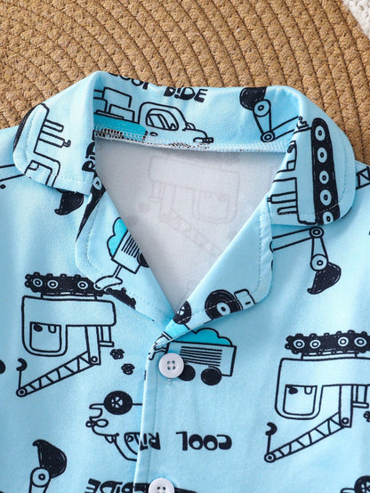 2pcs/Set Baby Boy Knit Fabric Comfortable Soft Car Print All-Season Wear
