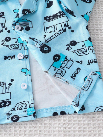2pcs/Set Baby Boy Knit Fabric Comfortable Soft Car Print All-Season Wear
