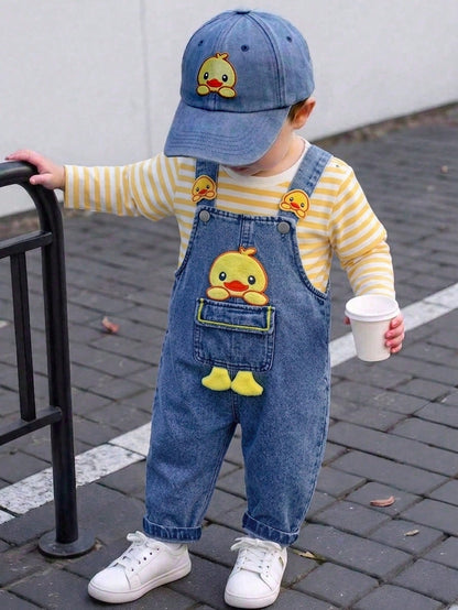 2pcs/Set Baby Boy Spring/Autumn Yellow & Blue Colorblock Cute Playful Style Striped Long Sleeve T-Shirt With Cartoon Duck Embroidery Denim Overalls Set, Loose Comfortable Fit, Suitable For Daily
