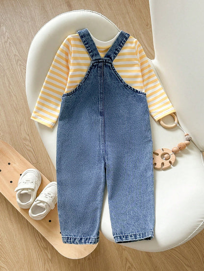 2pcs/Set Baby Boy Spring/Autumn Yellow & Blue Colorblock Cute Playful Style Striped Long Sleeve T-Shirt With Cartoon Duck Embroidery Denim Overalls Set, Loose Comfortable Fit, Suitable For Daily
